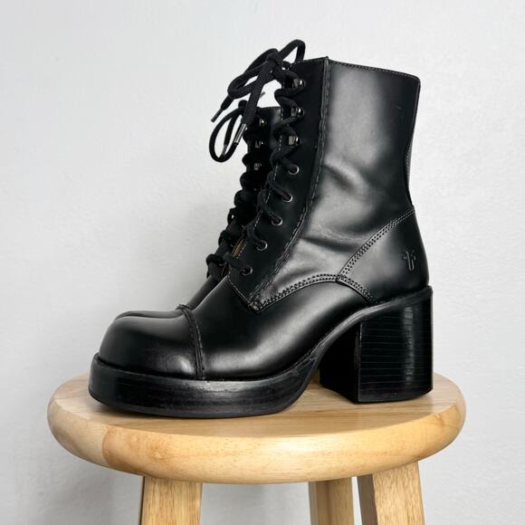 Frye Vintage Y2K Villager Boot Lace Up Zip Stitch Chunky Heel Black Size 7 1/2 - Picture 1 of 9